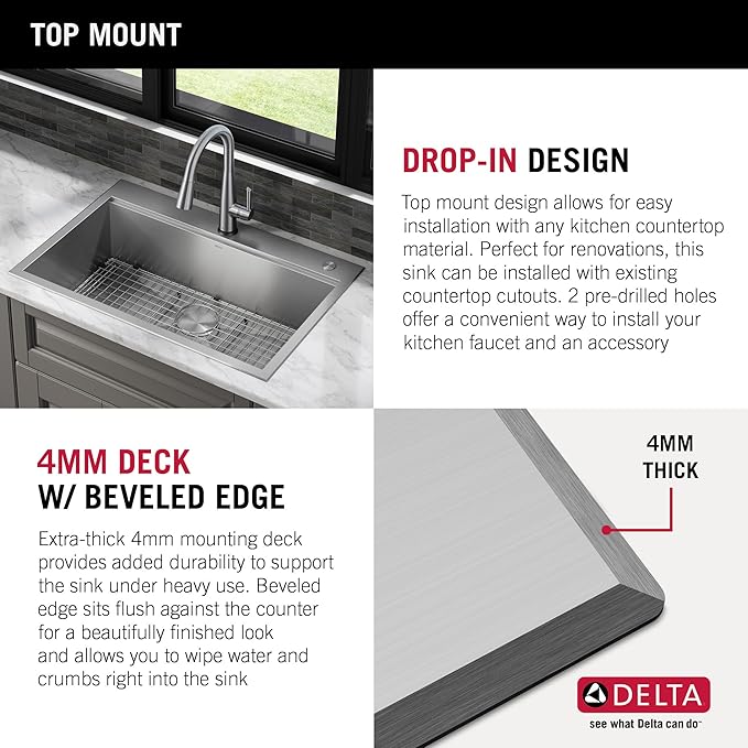 DELTA FAUCET DELTA Rivet 33-Inch Workstation Kitchen Sink Drop-In Top Mount 16 Gauge Stainless Steel Single Bowl with WorkFlow Ledge and Chef’s Kit of 5 Accessories, 95A931-33S-SS