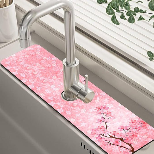 Spring Cherry Blossom Kitchen Sink Splash Guard Absorbent Fast Drying Mat Faucet Draining Guard Behind Faucet Drip Catcher for Kitchen Bathroom 5.5"24