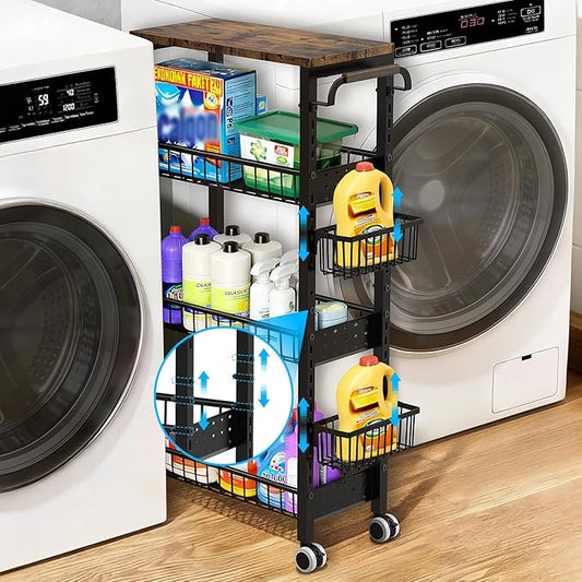 7.8 Inch Ultra-Slim 4-Tier Rolling Storage Cart with Adjustable Shelves - Lockable Wheels & Wooden Top for Narrow Spaces Between Washer/Dryer, Bathroom, Kitchen Organization (Black)