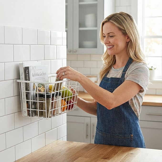 Hanging Kitchen Baskets Adhesive Sturdy Wire Storage Baskets with Kitchen Food Pantry Bathroom Shelf Storage No Drilling Wall Mounted,White,2 Pack