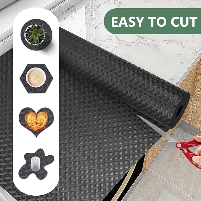 Origuuds Shelf Liners, Non-Adhesive Drawer Liner, Waterproof & Oil-Proof Kitchen Cabinet Cupboard Liner Plastic EVA Material BPA Free Fridge Liner Mats Paper Protector for Shelves (Black/20in x 240in)