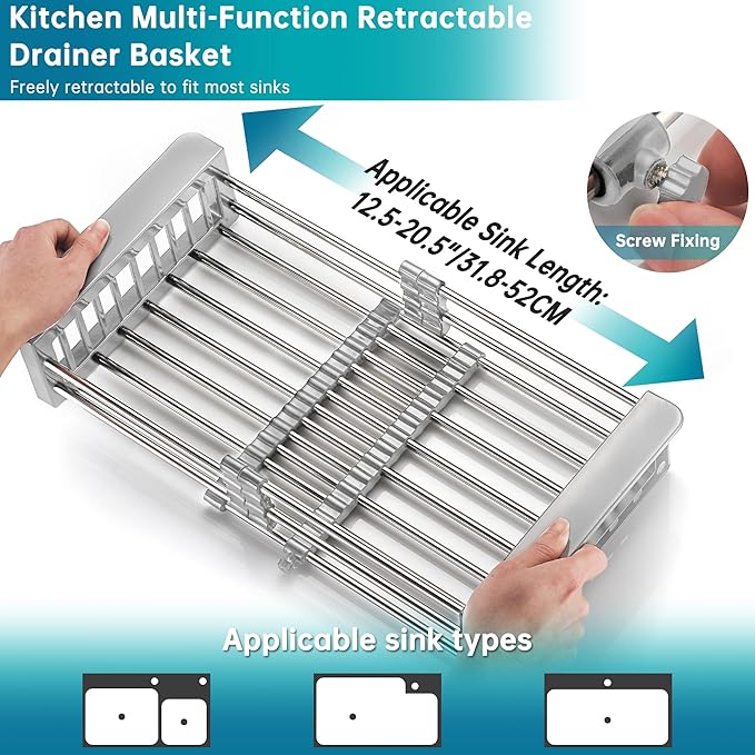 Over Sink Dish Drying Rack Gray, Sink Dish Drainer Expandable Stainless Steel Dish Drainers for Kitchen Counter Dish Dryer Rack Utensil Holder Kitchen Organizer for Dishes Veggies and Fruits
