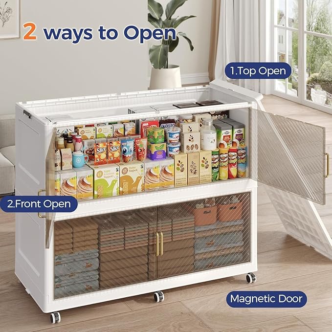 QAVABIN 200GAL Extra Large Storage Bins with Lid, 800QT Collapsible Organizer with Wheels, Stackable Closet Cabinet with Doors, Folding Storage Containers for Home, Office, Kitchen, 4Pack White