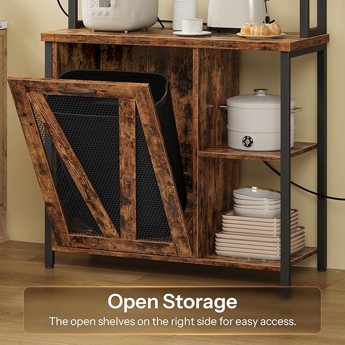 HOOBRO Bakers Rack with Trash Can Bin Cabinet, 6-Tier Microwave Stand with LED Stripe, Kitchen Storage Shelf with Outlet, Tall Coffee Bar Station for Dining Room, Rustic Brown and Black BF24UDHB01