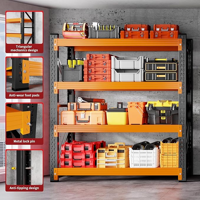48" W Garage Shelving 3000LBS Garage Shelving Heavy Duty 4-Tier Metal Storage Shelves Adjustable Shelf Unit Storage Rack for Basement Supermarket Warehouse 48" W x 20" D x 78" H Black-Orange
