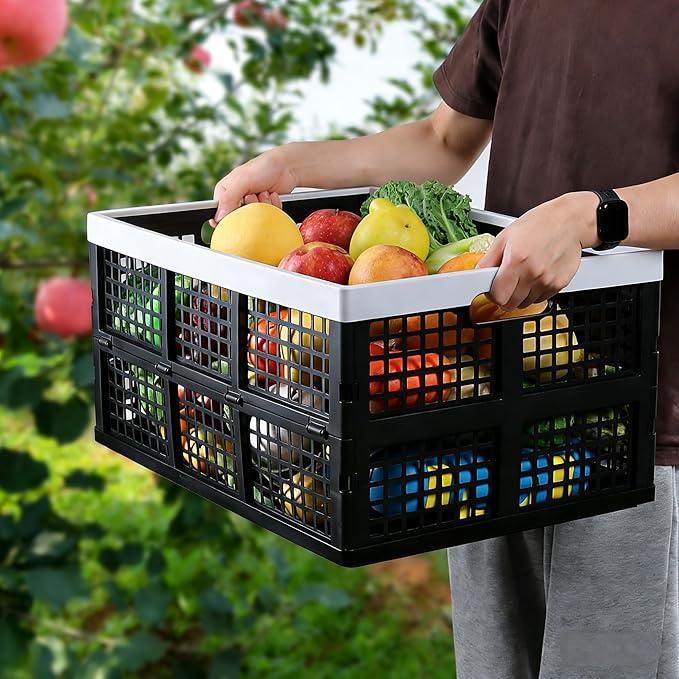 Zopnny 66 L Large Plastic Collapsible Storage Basket, Heavy Duty Stackable Storage Crate, 3 Packs