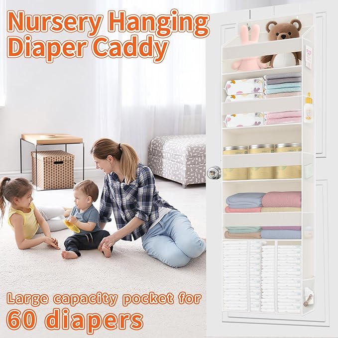 1 PC Over the Door Diaper Organizer with 1 Large Capacity Caddy, 4 Shelf & 10 Mesh Side Pockets, Baby Stuff Hanging Caddy Storage and Newborn Essentials Closet Organizer for Nursery, Bedroom