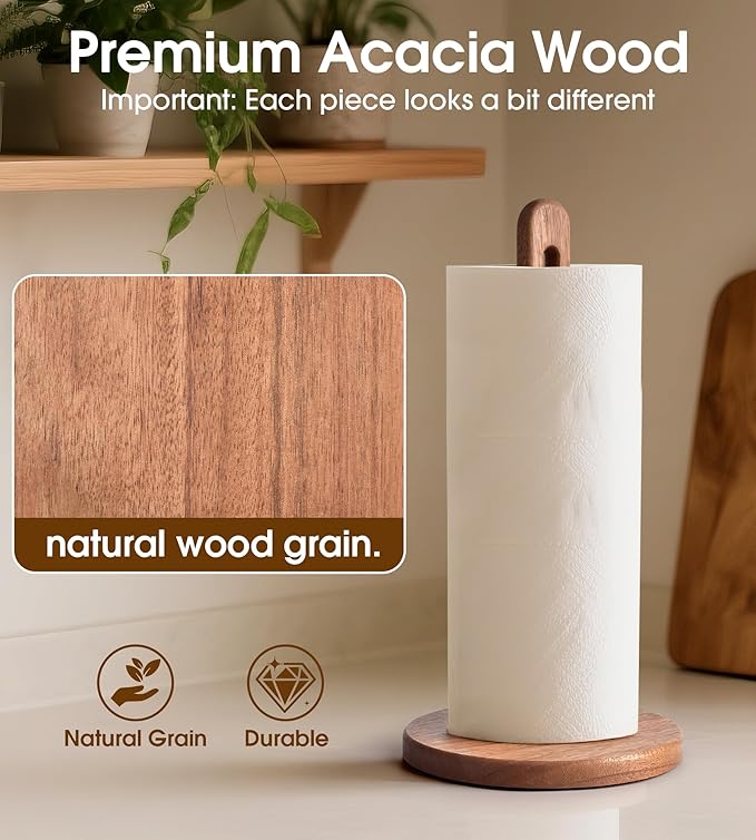 Acacia Wooden Paper Towel Holder Stand for Jumbo Roll - Stylish Kitchen Paper Rack Bathroom Towel Roll Stand Organizer, UA, Solid Wood Simply Standing Countertop Paper Roll Holder, Large