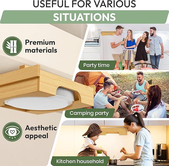10 inch Paper Plate Dispenser Holder Bamboo Under Cabinet Vertical Rack for Kitchen Countertop Organizer Space Saver Shelf Lid Holder Counter Storage Can Dispenser Pantry Aid Caddy Estante