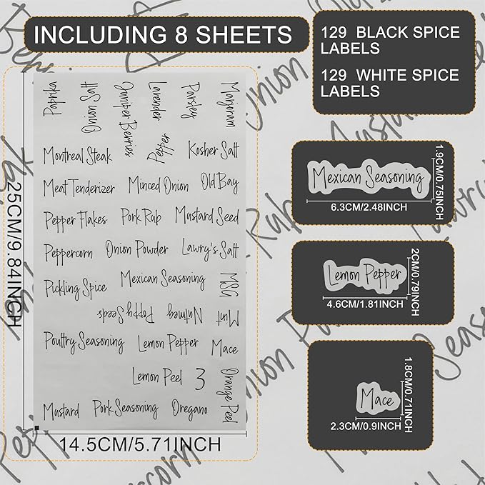 268 Clear Seasoning Jar Labels, Preprinted Kitchen Pantry Organization Labels for Spice Herbs Food Containers Jar Bottle Rack Waterproof Black White Script Sticker Set (4 Black+4 White)