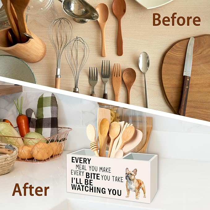 French Bulldog Dog Kitchen Utensil Holder for Countertop, Dog Decorative Lover Gifts, Funny Every Meal You Make Every Bite You Take Wooden Utensil Holder Organizer for Kitchen Table Decor