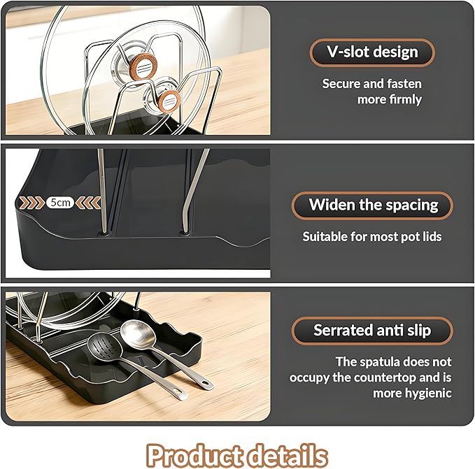 Kitchen Pot Lid Storage Rack, Pot Lid Holder With Tray, Lid Holder While Cooking, Lid And Spoon Rest, Multifunctional Kitchen Organizer Stand for Stove Top