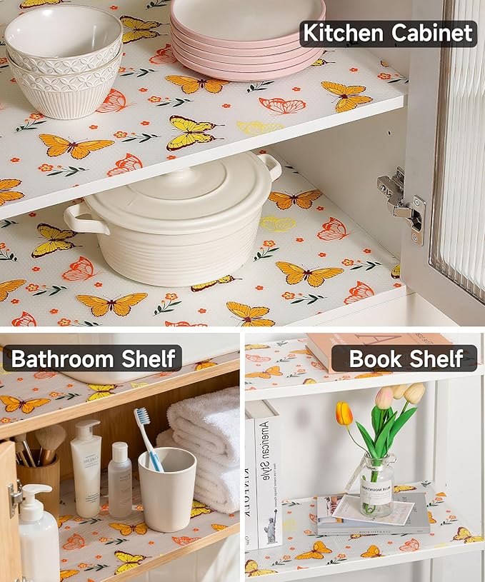 Drawer & Shelf Liner for Kitchen Cabinets Non Adhesive Waterproof Oilproof Easy to Cut Reusable Washable Shelf Paper for Refrigerator, Cupboard, Dresser, Bathroom(Colorful Butterfly, 23.6"W x 118"L)