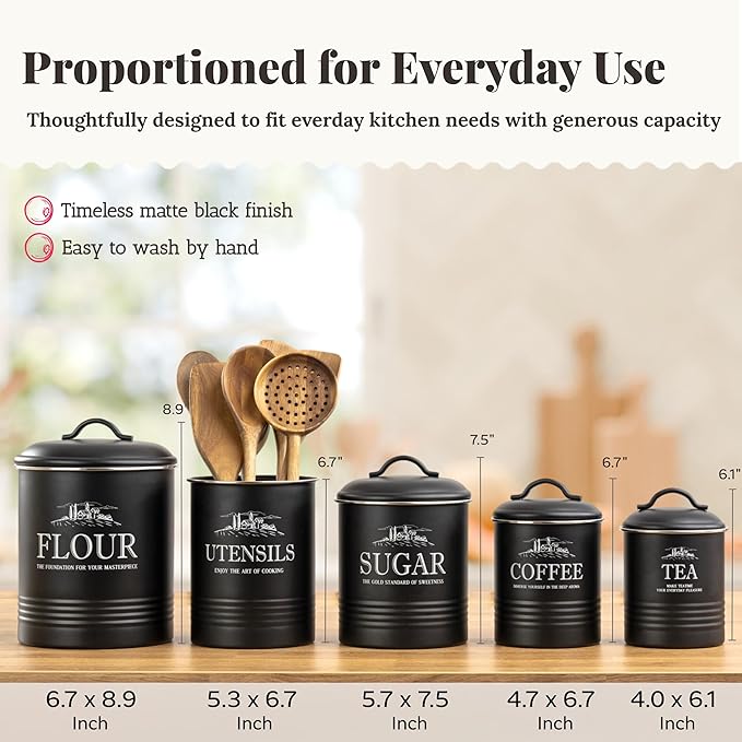 Kitchen Canisters for Countertop – 5-Piece Airtight Canister Sets for the Kitchen Counter with Utensil Holder – Flour Sugar Coffee Tea Containers – Matte Black Finish
