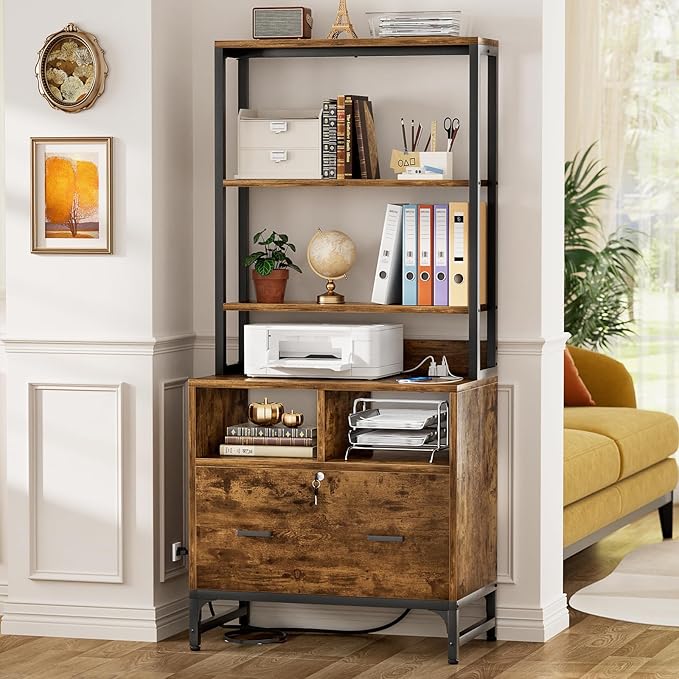Homieasy File Cabinet with Charging Station, Vertical Filing Cabinet with Lock & Large Drawer, Printer Stand with Storage Shelves, Office Storage Cabinet fits Letter/A4/Legal Size, Rustic Brown