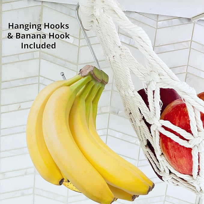 Fruit Hammock - Hanging Fruit Basket - Produce and Veggie Storage for Kitchen Under Cabinet - Banana Hook - Macrame Boho Modern (Grey)