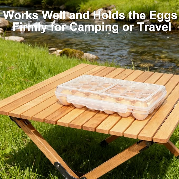 Large Egg Holder for Fridge Camping, Portable Egg Tray Carrier with Lid, Stackable Egg Storage Container with Safety Buckle (15 Grids Egg Tray)