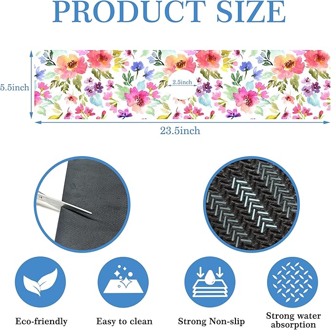 Watercolor Floral Faucet Mat Splash Guard Purple Pink Meadow Flower, Soft Diatom Mud Material, Strong Water Absorption, Non-slip,Easy to Clean for Bathroom, Kitchen 23.5"X5.5"