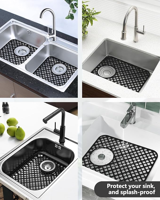BEHOK 2 Pack Silicone Sink Protectors for Kitchen Sink, Lozenge Pattern 13 x 11 Inches Sink Mat, Non-Slip and Durable Sink Protector Silicone, Rear Drain, Black