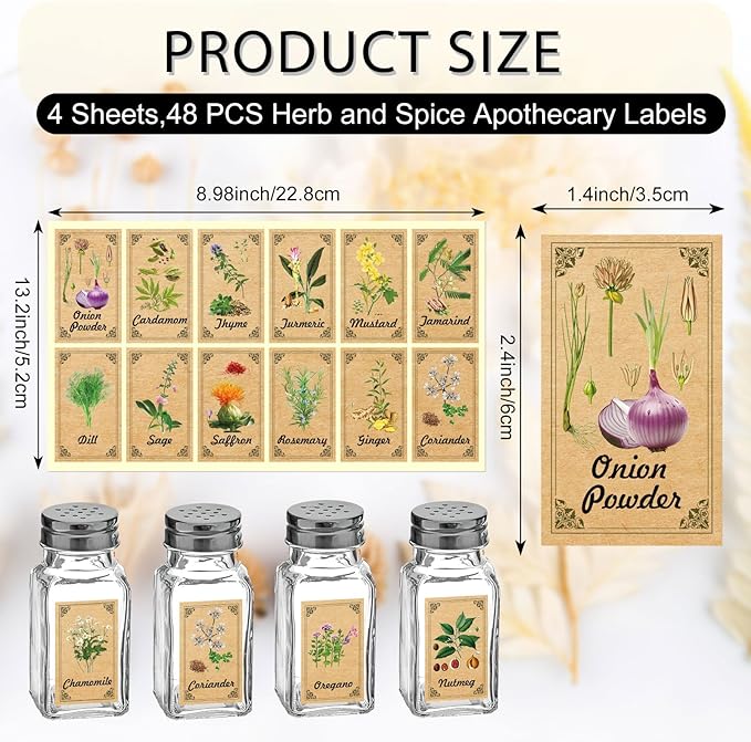 48PCS Herb and Spice Labels for Jars Bottles, Vintage Jars Stickers for Spice Cabinet Organization, Apothecary Labels Herblist Supplies(1.4"x2.4")