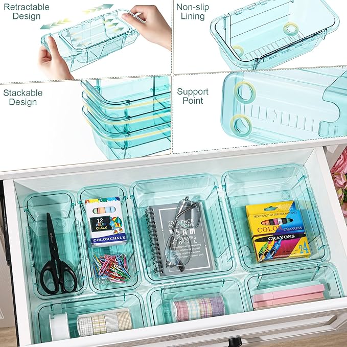 20 Pcs Adjustable Clear Drawer Organizer, All Extendable Vanity Storage Bins, Desk Drawer Organizer Set for Makeup, Cosmetics, Bedroom, and Gadgets, Blue