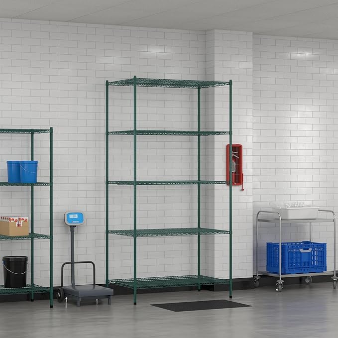 Commercial NSF Listed Green Epoxy Stationary Wire Shelving Kit 30" x 48" x 96", with 5 Shelves Perfect for Warehouse, Walk-in Refrigerator, Freezer, Grocery Store, Restaurant, Dishroom