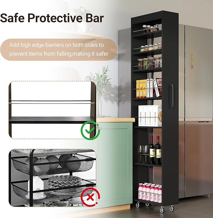 7-Tier Slim Storage Cart with Wheels, 7.9''W Pull Out Rolling Utility Cart, Mobile Shelving Unit Organizer with Handle, Narrow Multi-Functional Open Shelf for Kitchen, Bathroom (Black)