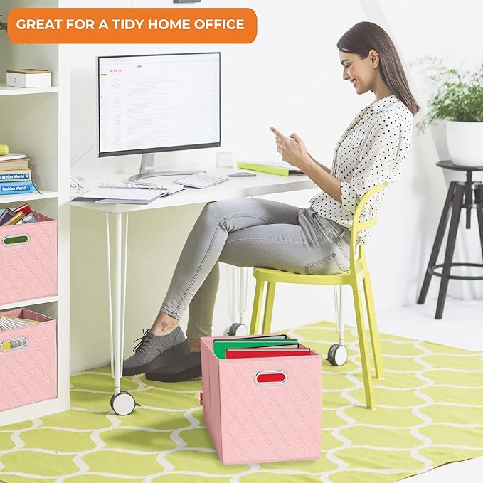 FH Group JIAessentials 11" Faux Leather Foldable Storage Cube Bins Set of 2 – Pink Diamond Patterned Organizers with Handles for Closet & Shelves