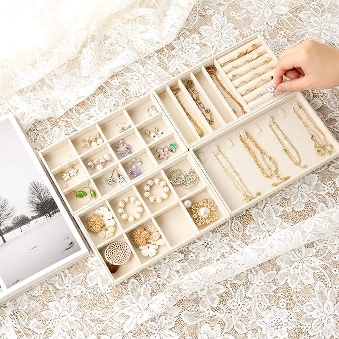 4Pcs Jewelry Organizer Trays, Stackable Velvet Jewelry Trays, Drawer Insert Divider Jewel Display Storage with Removable Dividers, Divided Storage for Earring Necklace Rings Bracelet