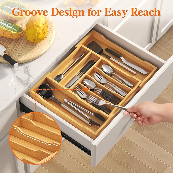 Lifewit Silverware Drawer Organizer, Expandable Utensil Tray for Kitchen, Bamboo Flatware and Cutlery Holder, Wood Adjustable Storage for Spoons Forks Knives, 28- 47 x 38cm, Natural