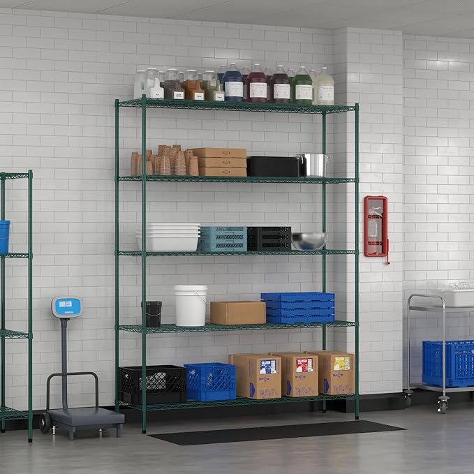 Commercial NSF Listed Green Epoxy Stationary Wire Shelving Kit 21" x 72" x 96", with 5 Shelves Perfect for Warehouse, Walk-in Refrigerator, Freezer, Grocery Store, Restaurant, Dishroom