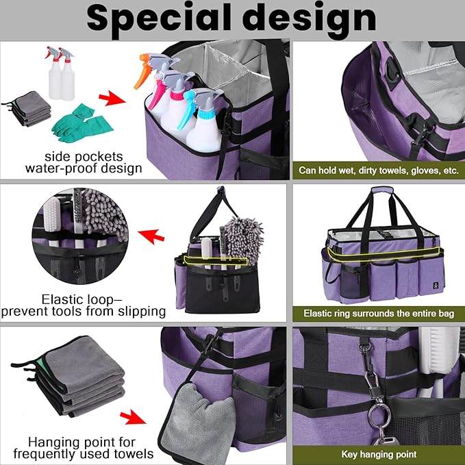 Timoxi Extra large Cleaning Caddy Bag Built-in Sturdy Support Board, Cleaning Organizer with Detachable Divider, Cleaning Supply Tote with Adjustable Shoulder Strap (Purple, 19'' x 11'' x 11'')