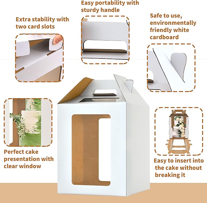 XININSUN 10inch Tall Cake Boxes with windows,10x10x12 Tall Cake Carrier, Tiered Cake Box, Layer Cake Box, large cake box,Ideal for 10" & 12" Tiered Cakes (2 Pack-White)