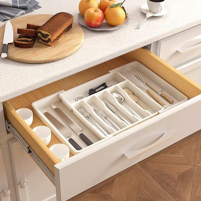 YWHWXB Silverware Drawer Organizer,Expandable Utensil Tray,Large Kitchen Drawer Organizer,Adjustable Plastic Flatware Organizer for Flatware Cutlery Spoon Knives Drawer Storage Organization (White)