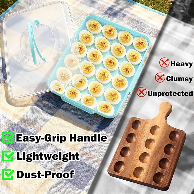 Deviled Egg Containers with Lid - Reusable Platter 2 Pack 48 Count Storage Tray with Handle for Potlucks, Tea Parties, Party, Thanksgiving, Picnics, Refrigerator, Christmas, Easter, Brunches (Blue)
