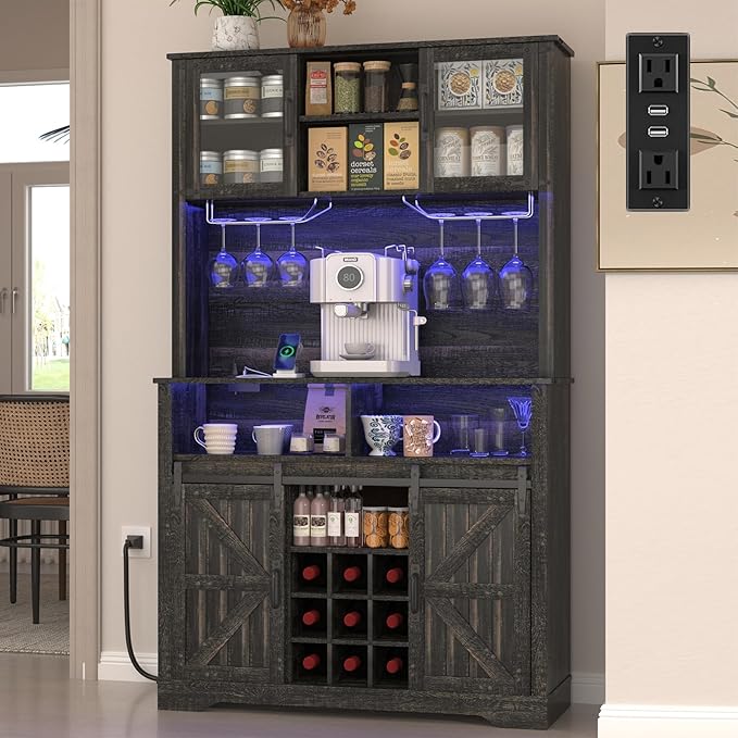 Farmhouse Coffee Bar Cabinet with Sliding Barn Door, Buffet Cabinet with Hutch, Kitchen Pantry Cabinet with Power Outlet & Lighting, Tall Liquor Chest for Home Dining Room, Black