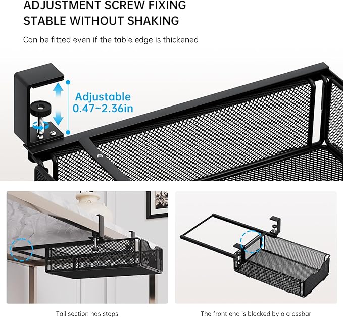 Under-Desk Drawer Slide Out Clamp-On-Desk Shelf for Office Supplies and Books Storage Metal Attachable Table Drawer Fit for Table Thickness 0.47-2.36in (Black, Normal)
