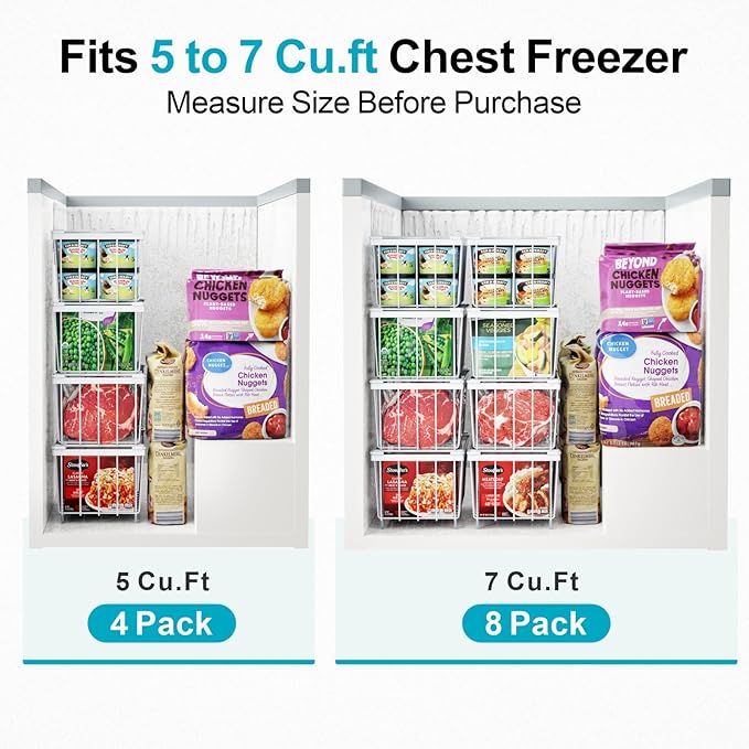 iSPECLE Freezer Organizer Bins, 4 Pack Deep Freezer Baskets for 5 to 7 Cu.Ft, Stackable Wire Chest Freezer Organizer Bins for Small Food, Strong Metal with Handles for Meat and Veggies, White