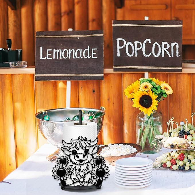 JarThenaAMCS Highland Cow Sunflower Paper Towel Holder Kitchen Decor Accessories Large Black Metal Towel Holder Stand for Farmhouse Home?Party Bathroom Countertop