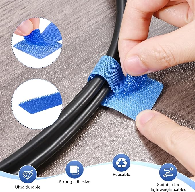 M METERXITY 100-Pack Hook and Loop Cable Ties, 3.5 x 1.1 Inch Adjustable Self-Adhesive Cord Organizer for Desk/Home/Wall/Office Essentials, Cable Management Under Desk [Blue]