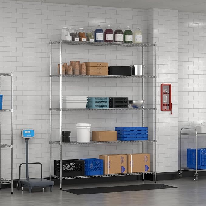 Commercial NSF Listed Chrome Stationary Wire Shelving Kit 18" x 72" x 96", with 5 Shelves Perfect for Warehouse, Walk-in Refrigerator, Freezer, Grocery Store, Restaurant, Dishroom