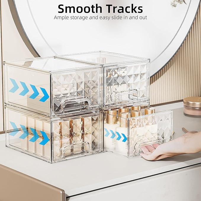 Delamu 4 Pack Stackable Storage Drawers, Makeup Skincare Holder Vanity Storage Organizer, Plastic Drawers For Vanity Desk, Undersink, Kitchen Cabinet, Pantry, Clear, Ideal Christmas Gifts for Girls