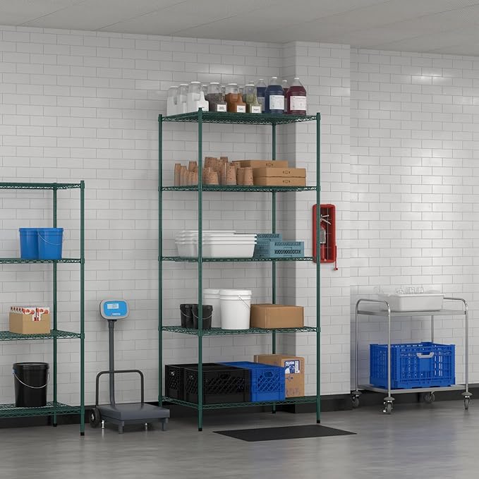 Commercial NSF Listed Green Epoxy Stationary Wire Shelving Kit 30" x 42" x 96", with 5 Shelves Perfect for Warehouse, Walk-in Refrigerator, Freezer, Grocery Store, Restaurant, Dishroom
