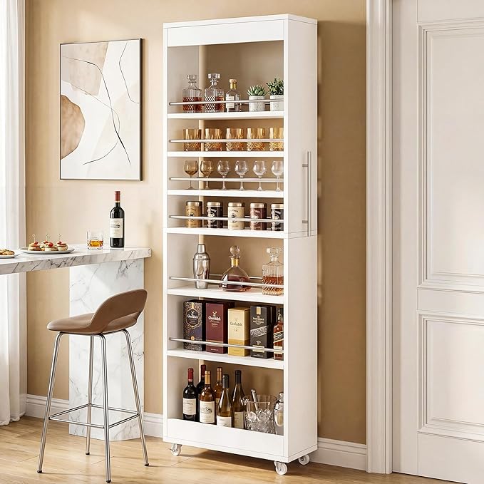 Tribesigns 73" Tall Slim Storage Cart on Wheels, 7-Tier Narrow Pantry Cabinet, Rolling Skinny Spice Rack Organizer Next to Fridge, Wooden Pull-Out Storage Shelf for Kitchen Small Spaces, White