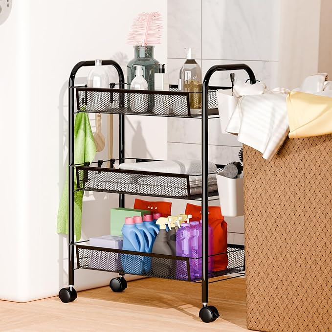 Fruit Vegetable Basket Storage Cart 5 Tier Stackable Metal Mesh Basket with 360 Degree Wheels 41 Inch High Kitchen Storage Snack Cart Pantry Bathroom Cart (Black 3-Layers)