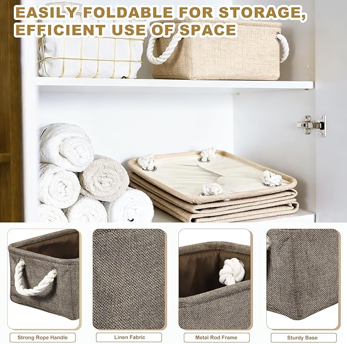 uxcell 2Pcs Fabric Storage Bins, 14 x 10.2 x 6.3 Inch Foldable Storage Cubes with Rope Handles Collapsible Bins Baskets for Home Office Shelves Closet Clothes Books Organizing, Brown