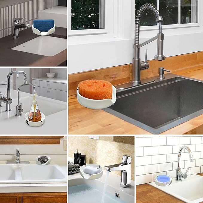 Self Draining Soap Dish, Silicone Soap Holder with Suction Cup and Drain Spout, Kitchen Bathroom Sink Organizer, Dish Soap Bar Tray Savers Sponge Holder, Perfect for Dispenser, Scrubber, Bottle, Cup