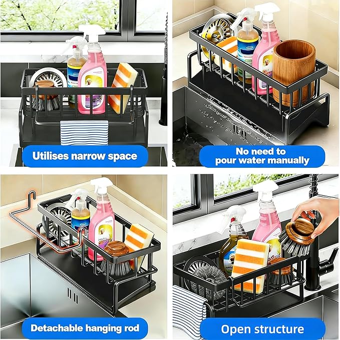 Sink Caddy Organizer - Stainless Steel Sponge Holder for Kitchen Sink with Brush Holder, Automatic Self-Draining Tray, Rustproof Compact Sink Organization for Countertop, 2-in-1 Design.