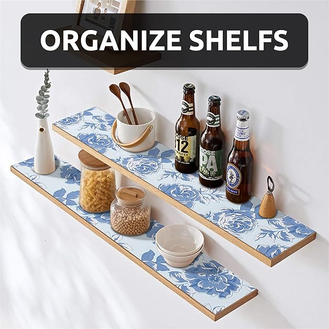 FIFTY FEET 18X96 Inch Shelf Liner for Kitchen Cabinets, PVC Drawer Liner for Dresser Non-Slip Bathroom, Non-Adhesive Cabinet Liner Washable (Blue Flower)(7 Roll)