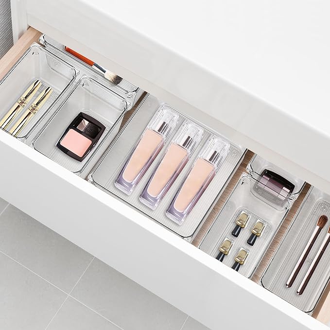 12 Pack Drawer Organizer - 6" X 6" Clear Acrylic Storage Bins with Non-Slip Pads, Versatile Desk Tray for Makeup, Jewelry, Kitchen, Bathroom, and Office Organization